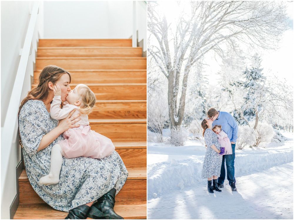 Sweet indoor and snowy outdoor portraits showing tender family moments with soft, natural lighting and muted tones.