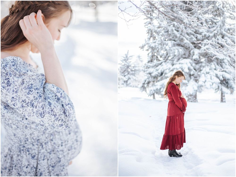 Two portraits showing women in flowy dresses posing against snowy winter scenes with snow-covered trees in background.