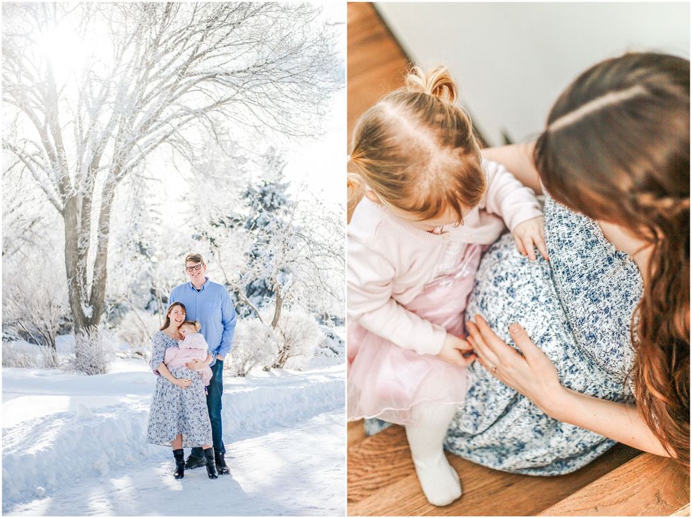 Family sharing tender moments together in side-by-side photos during winter and indoors.