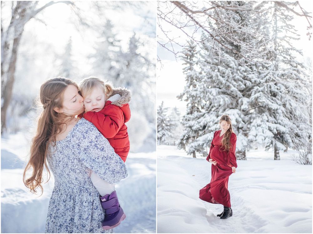 Winter portraits in a snowy forest with frost-covered evergreen trees and people wearing red and gray dresses.