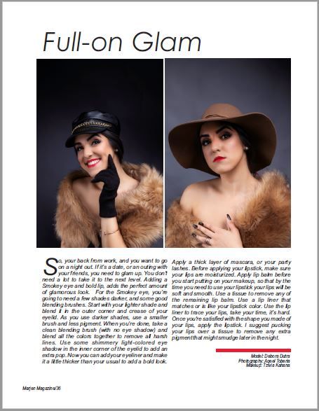 Magazine page showing glamour fashion photography with fur and hats against dark backgrounds.