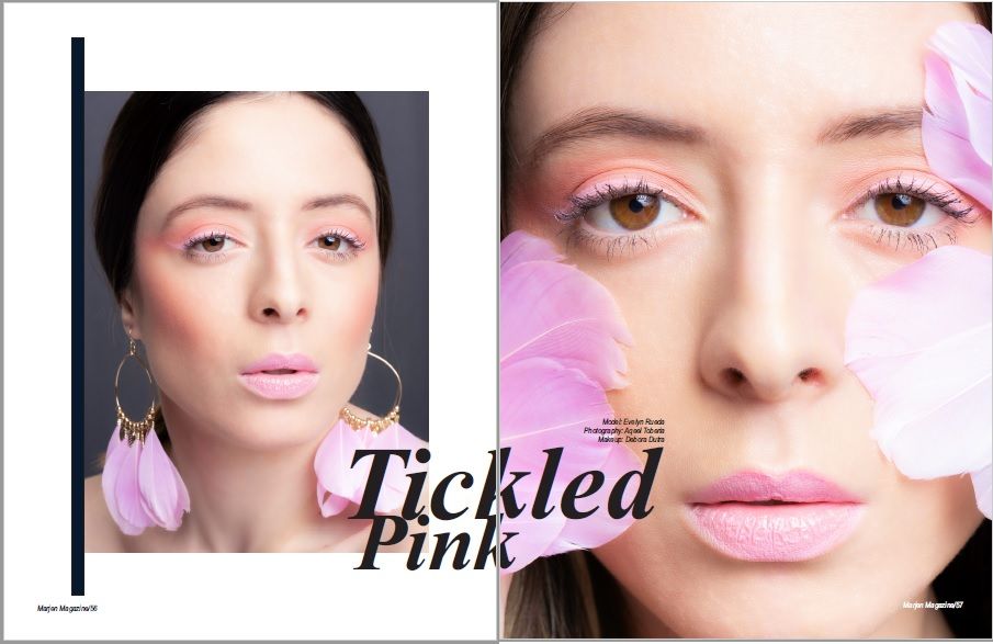Beauty editorial page titled Tickled Pink featuring close-up portrait with pink floral elements.