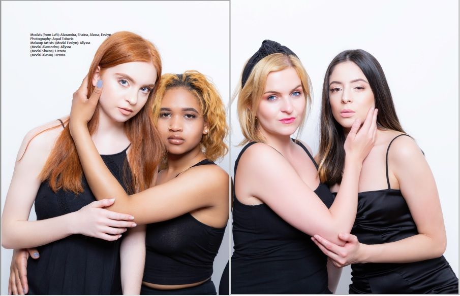 Fashion editorial showing models in black outfits posing together in identical composition.