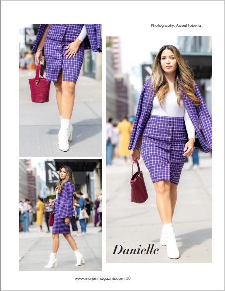 Street style photo set showing purple checkered suit with white boots and burgundy handbag.