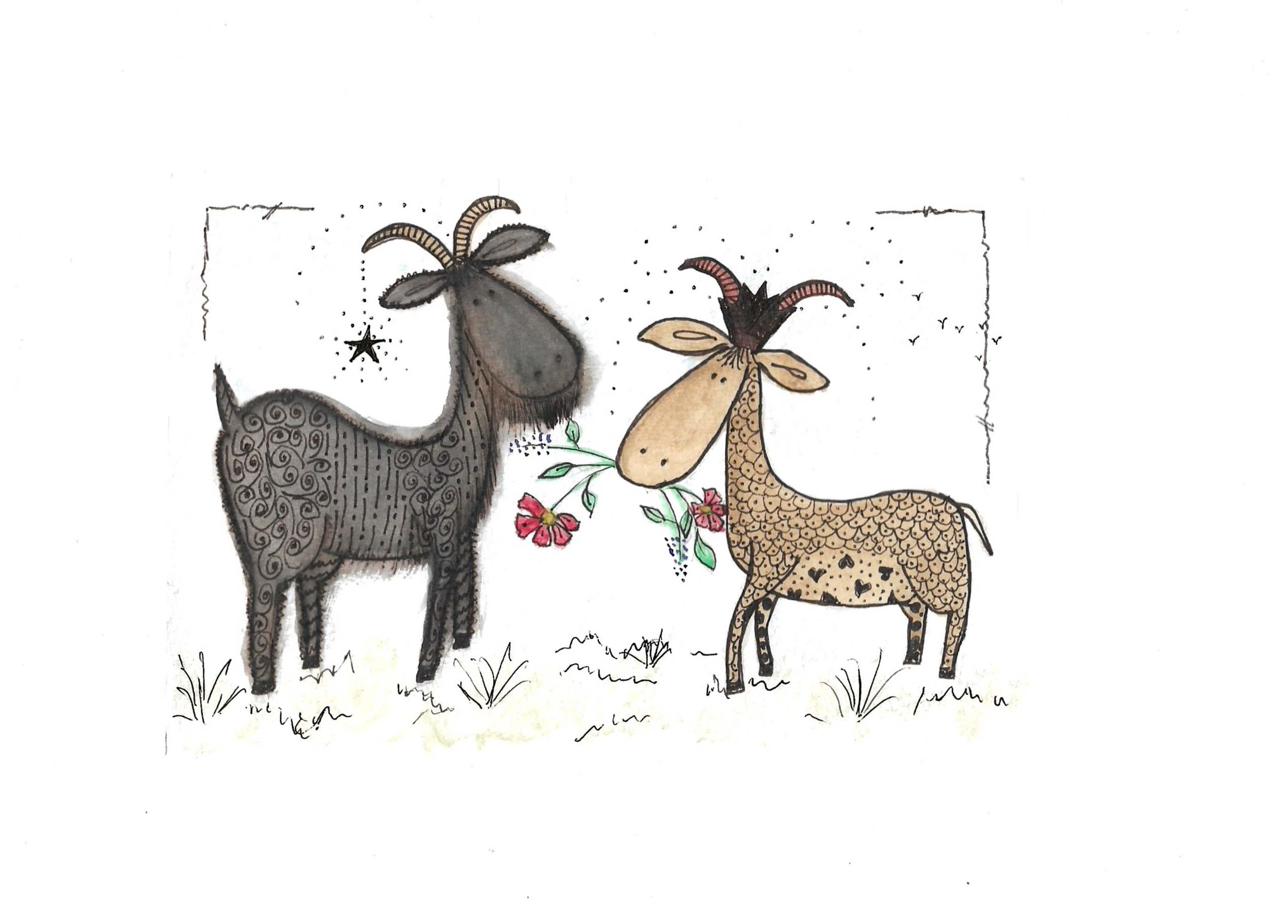 Simple line drawings of farm animals including goats and donkeys in a row.