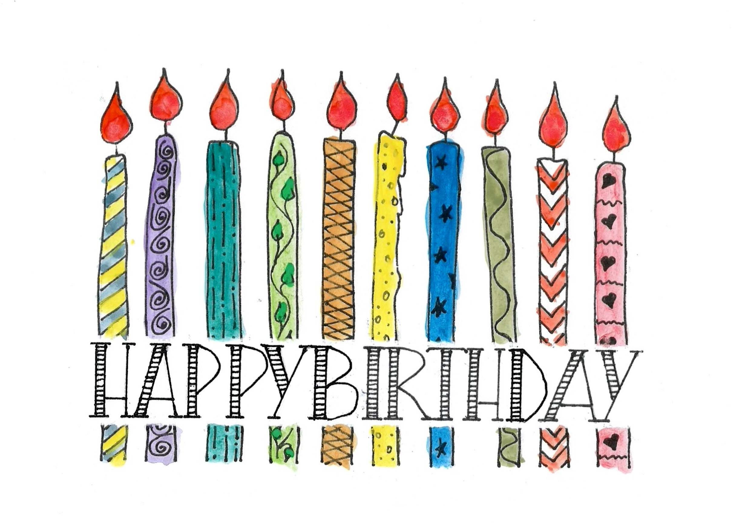 Colorful hand-drawn birthday candles spelling out Happy Birthday in festive patterns.