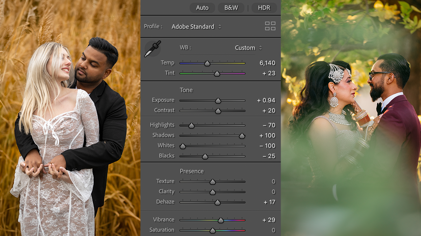 A split view showing two intimate outdoor portrait settings with autumn foliage, paired with photo editing controls.