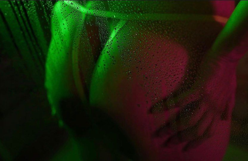 Artistic macro photography with neon green and magenta lighting effects.