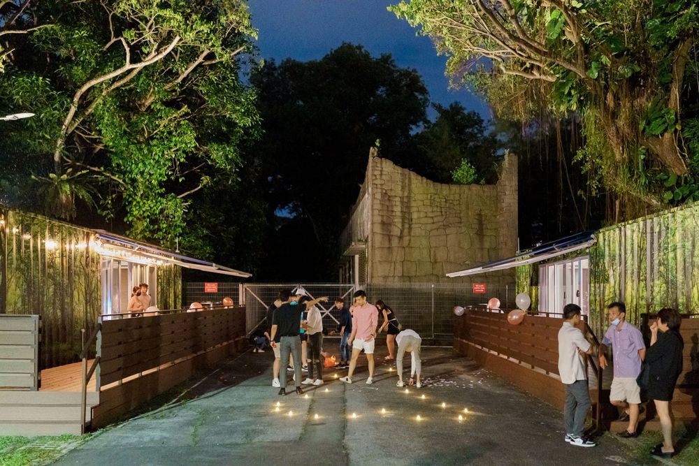 People gather on an illuminated wooden walkway at night with string lights and trees creating an atmospheric outdoor setting.