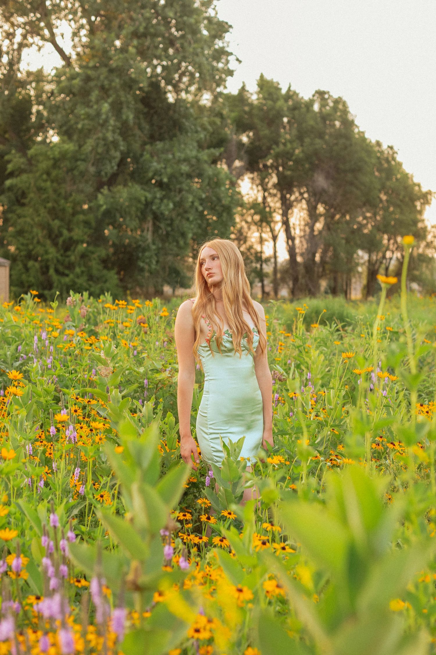 Person in mint green top walking through field of yellow and purple wildflowers at sunset.