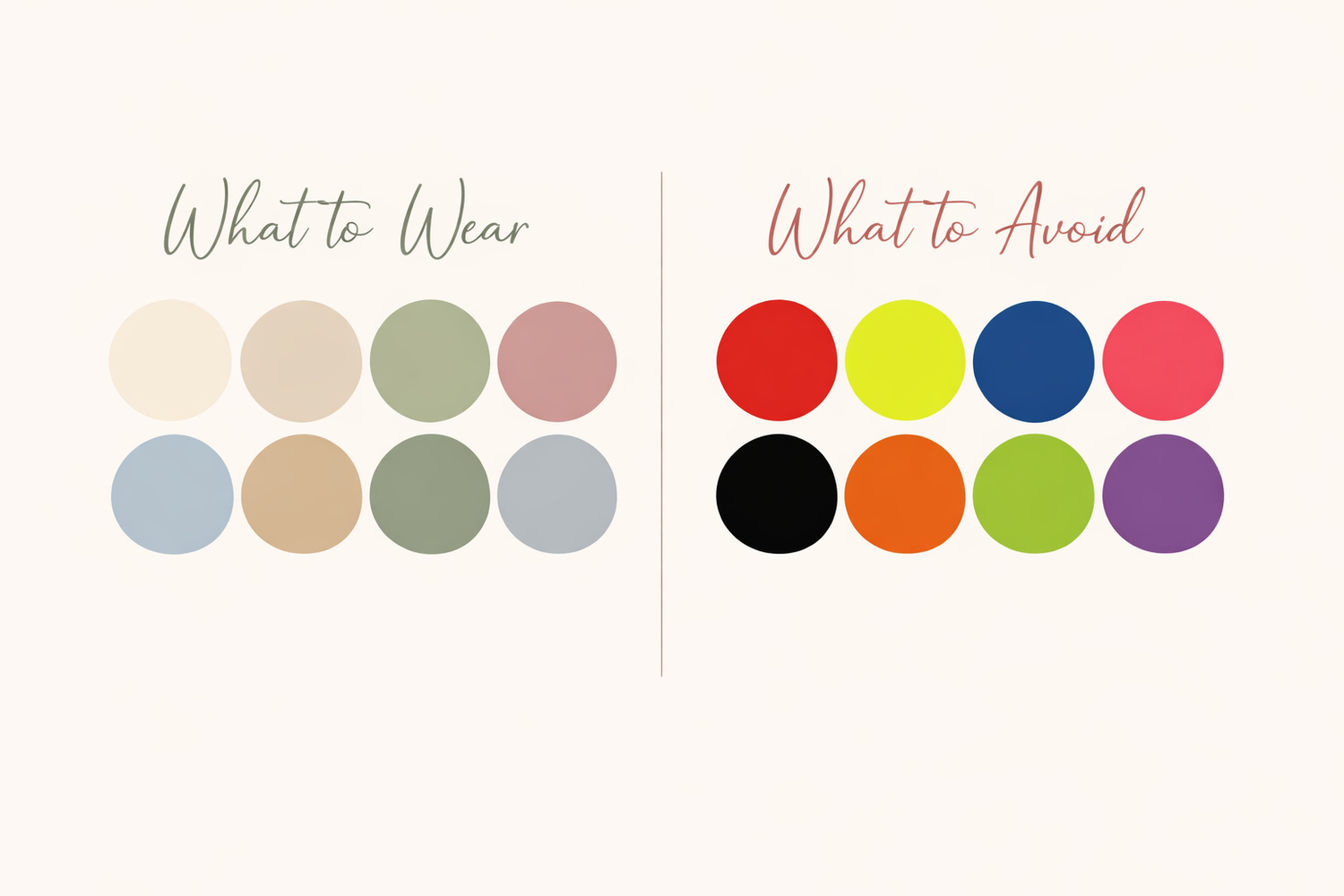 Two color palettes showing muted earth tones on the left labeled 'What to Wear' and bright bold colors on the right labeled 'What to Avoid'.
