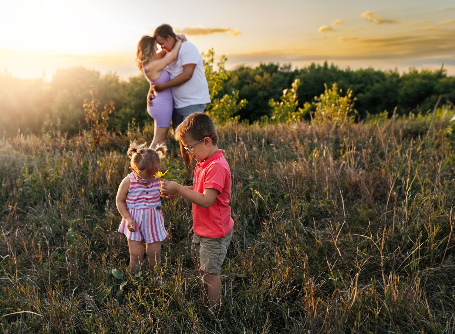Romantic couple embraces in golden sunlit field during sunset photoshoot session.