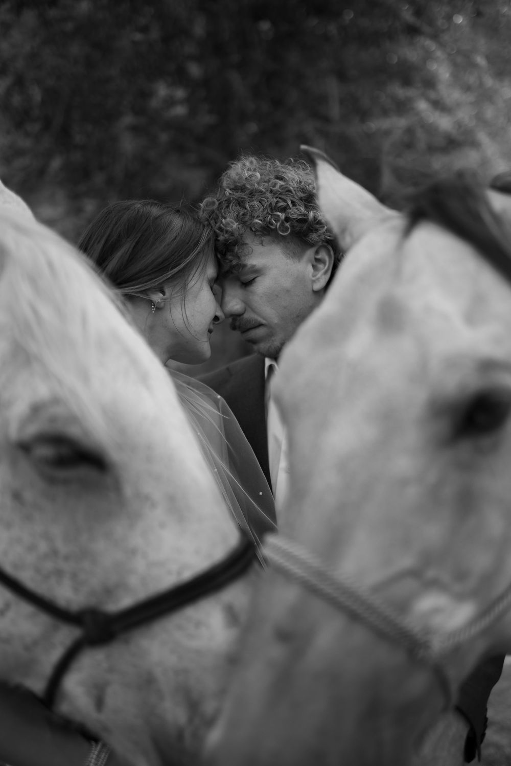 A black and white artistic photograph showing a tender kiss between two people in soft focus.