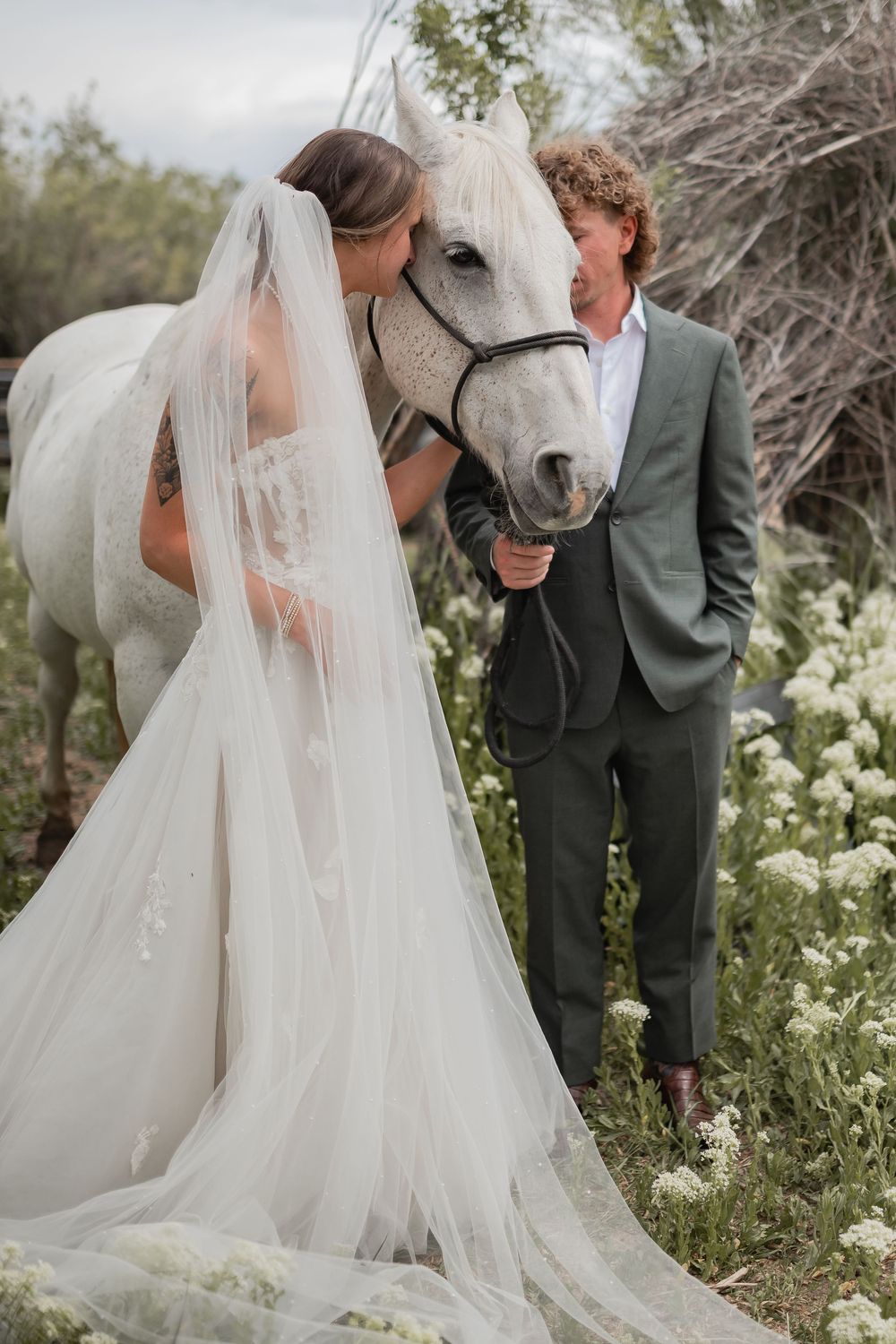 A romantic wedding photo session in nature featuring a beautiful white horse alongside a flowing bridal gown.