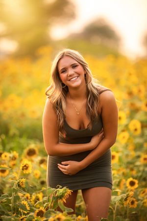 A series of portraits taken in a vibrant sunflower field during golden hour showing joyful expressions and warm lighting.