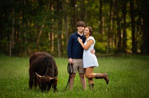 Couple embracing in green field with Highland cow, surrounded by lush forest trees in a professional outdoor photo session.