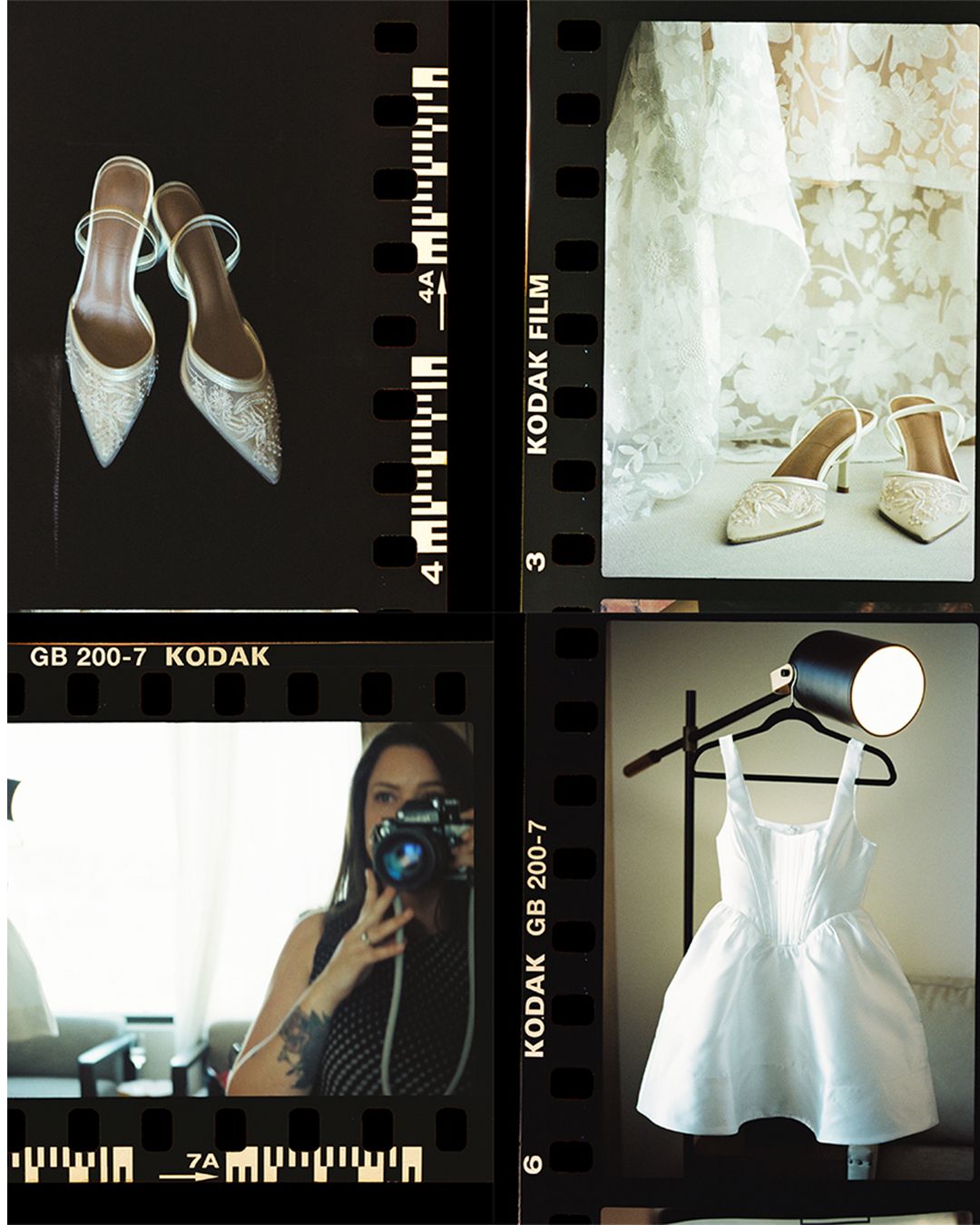 Film strip contact sheet showing white dresses and shoes arranged in various poses against light backgrounds.