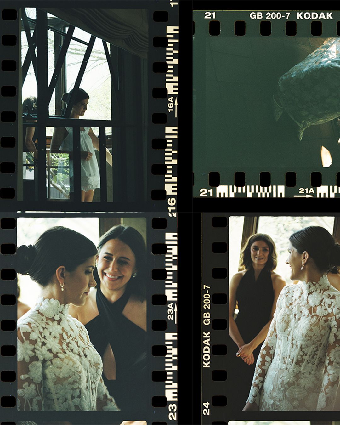 Film strip showing candid moments of people in formal attire having conversations indoors.