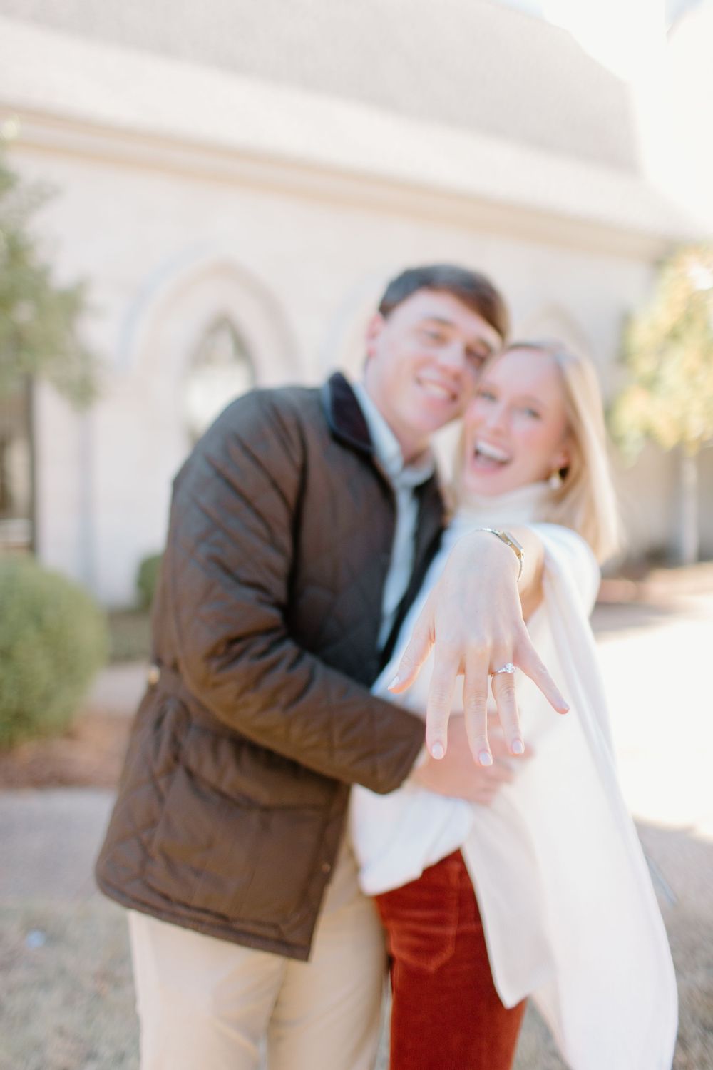 Playful engagement photo sequence showing couple in white and brown outdoors.