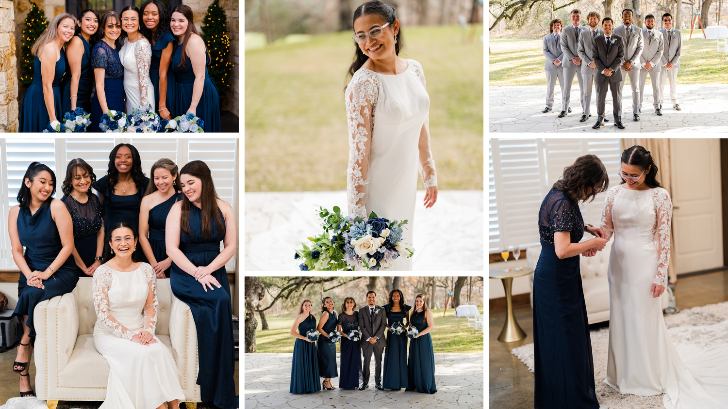 Wedding collage featuring bride in white lace gown with navy bridesmaids and gray-suited groomsmen.