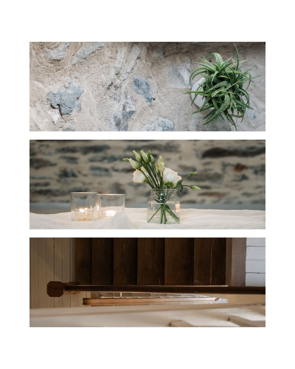 A triptych of minimalist interior decor showing an air plant, white flowers in a vase, and a wooden door handle detail.