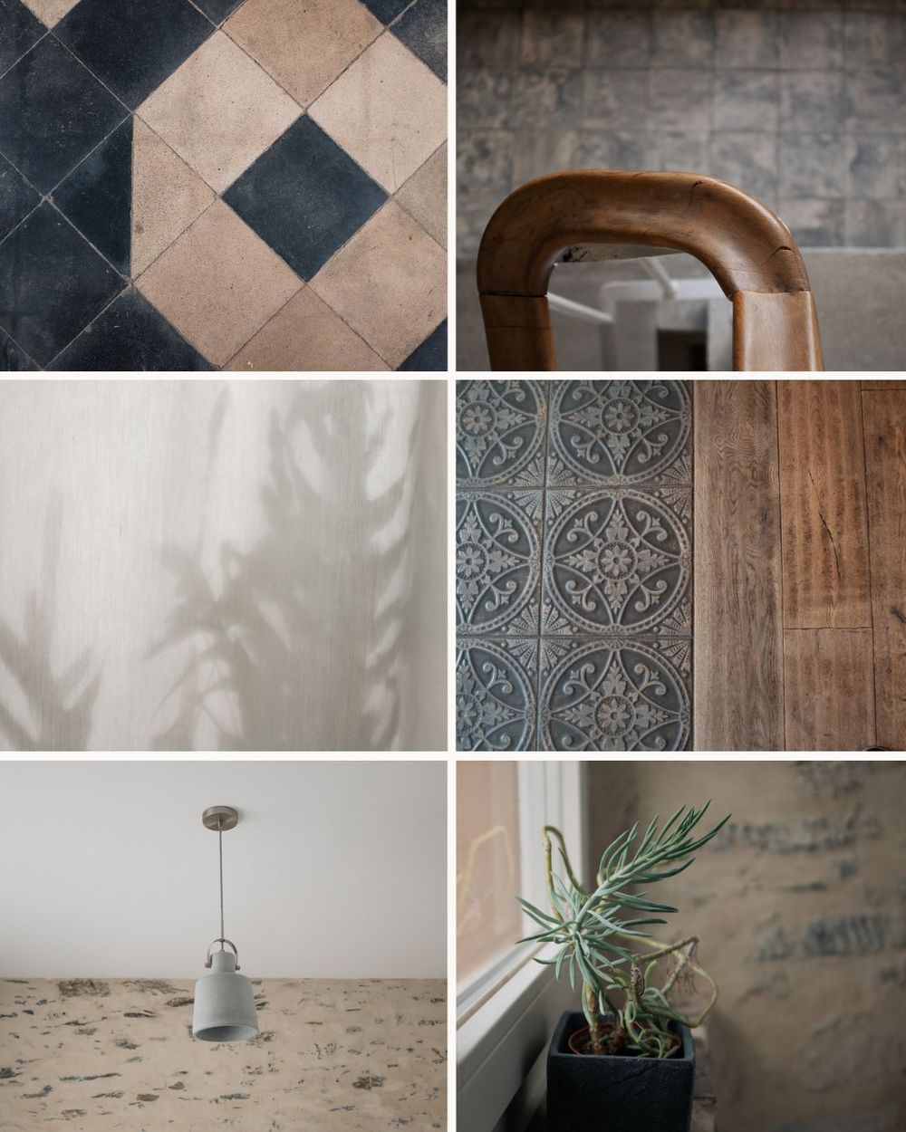 A collage of geometric tile patterns and architectural details featuring diamond shapes and ornate designs in neutral tones.