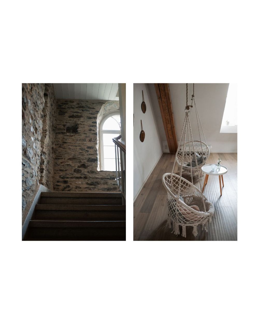 Split image showing stone staircase with arched window and macrame hanging chair in rustic interior.
