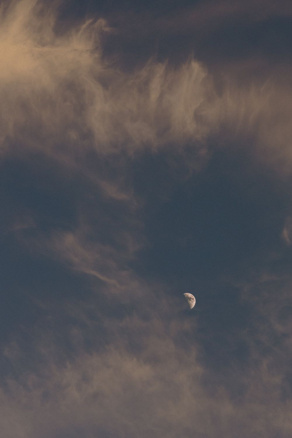 A half moon visible through dramatic wispy clouds in a moody twilight sky.
