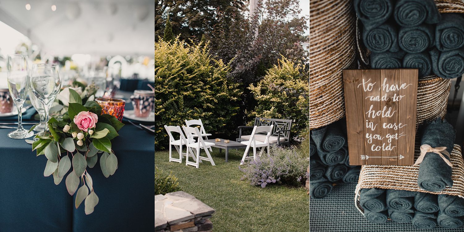 Elegant outdoor wedding decor featuring floral arrangements, white garden chairs, and teal rolled blankets with a rustic wooden sign.