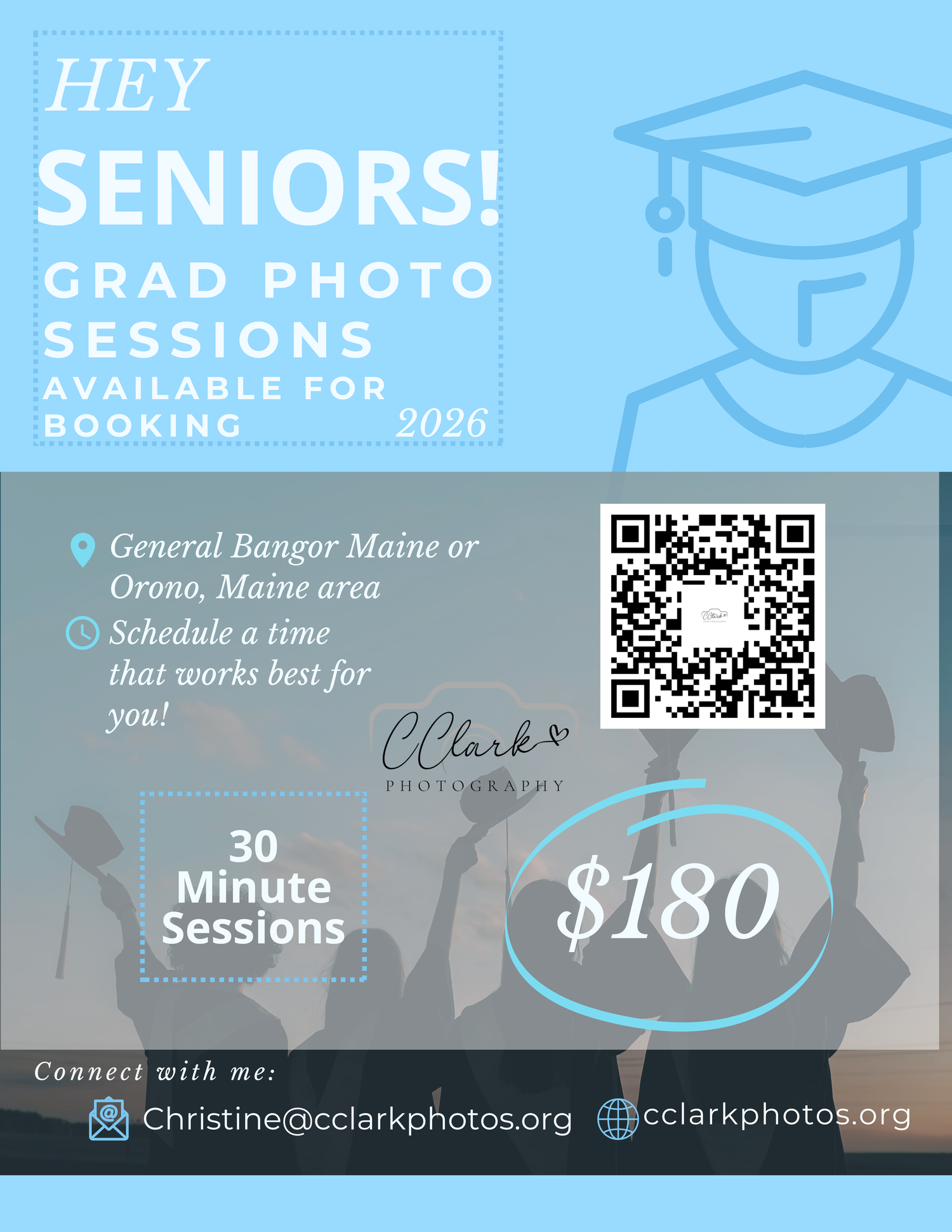 A blue and gray promotional banner for senior graduation photos featuring pricing and QR codes for booking sessions.