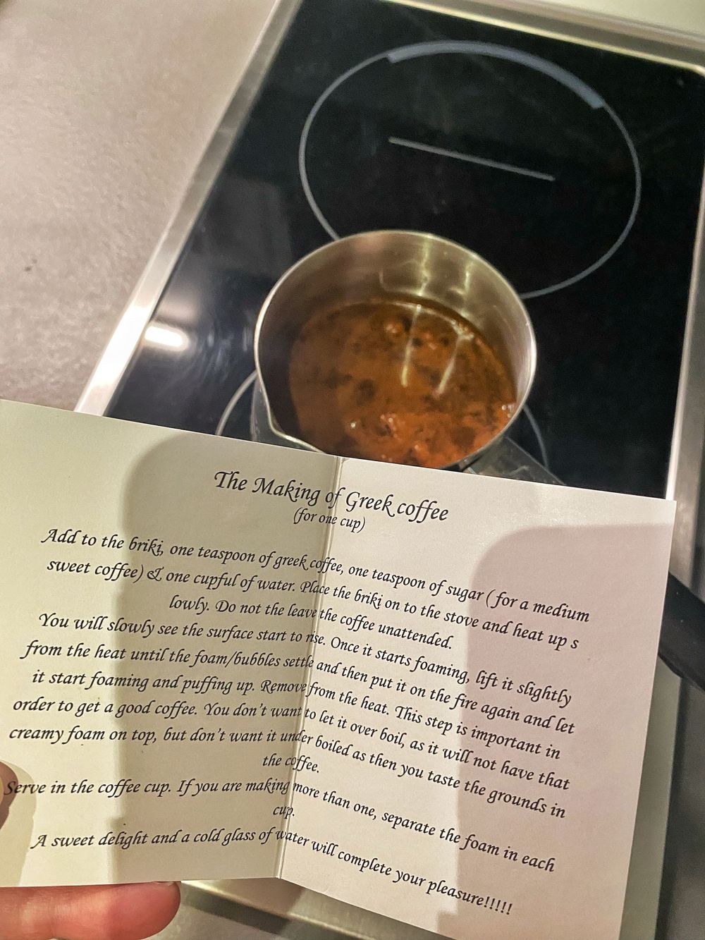 A sequence of photos showing a pot of coffee being brewed on an electric stovetop with recipe instructions visible.