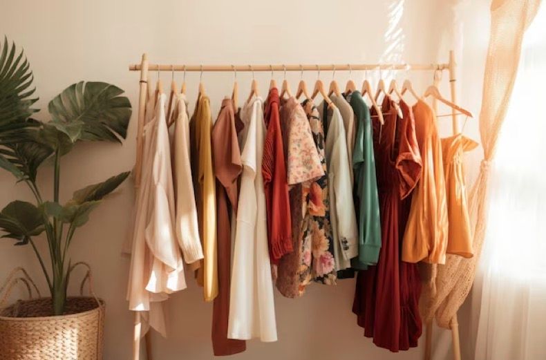 A collection of colorful clothing hanging on wooden hangers against a white wall with soft natural lighting.