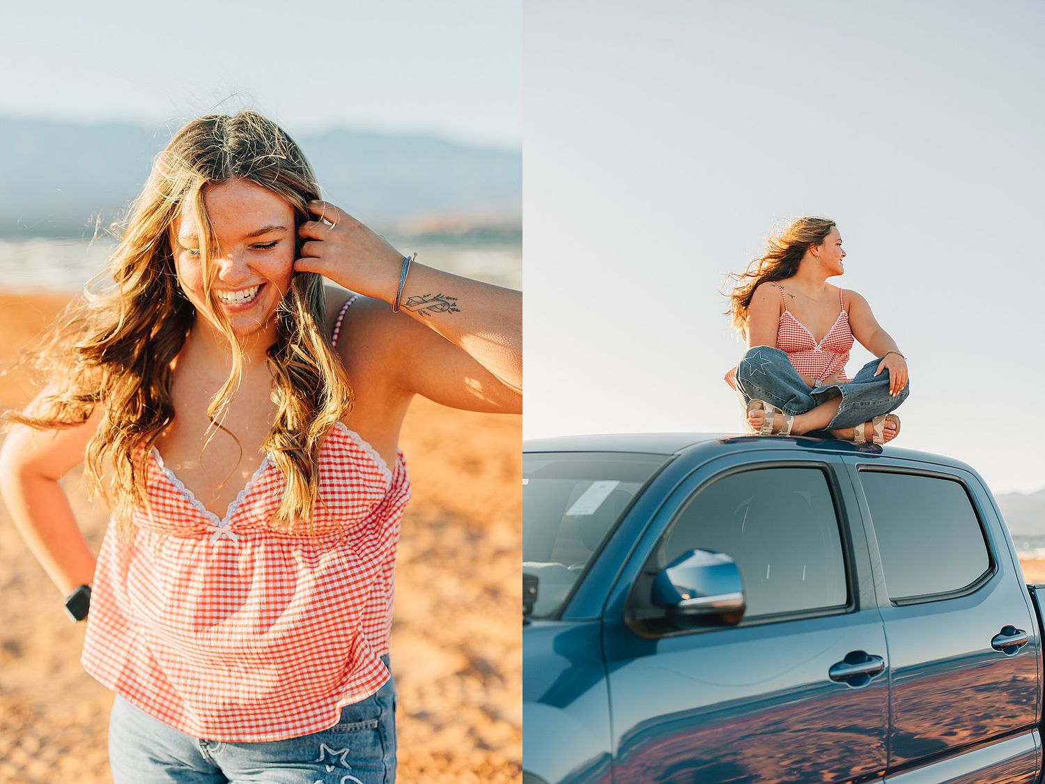 Young woman with wavy hair in pink top poses outdoors and sits atop a truck hood in a sunny desert setting.