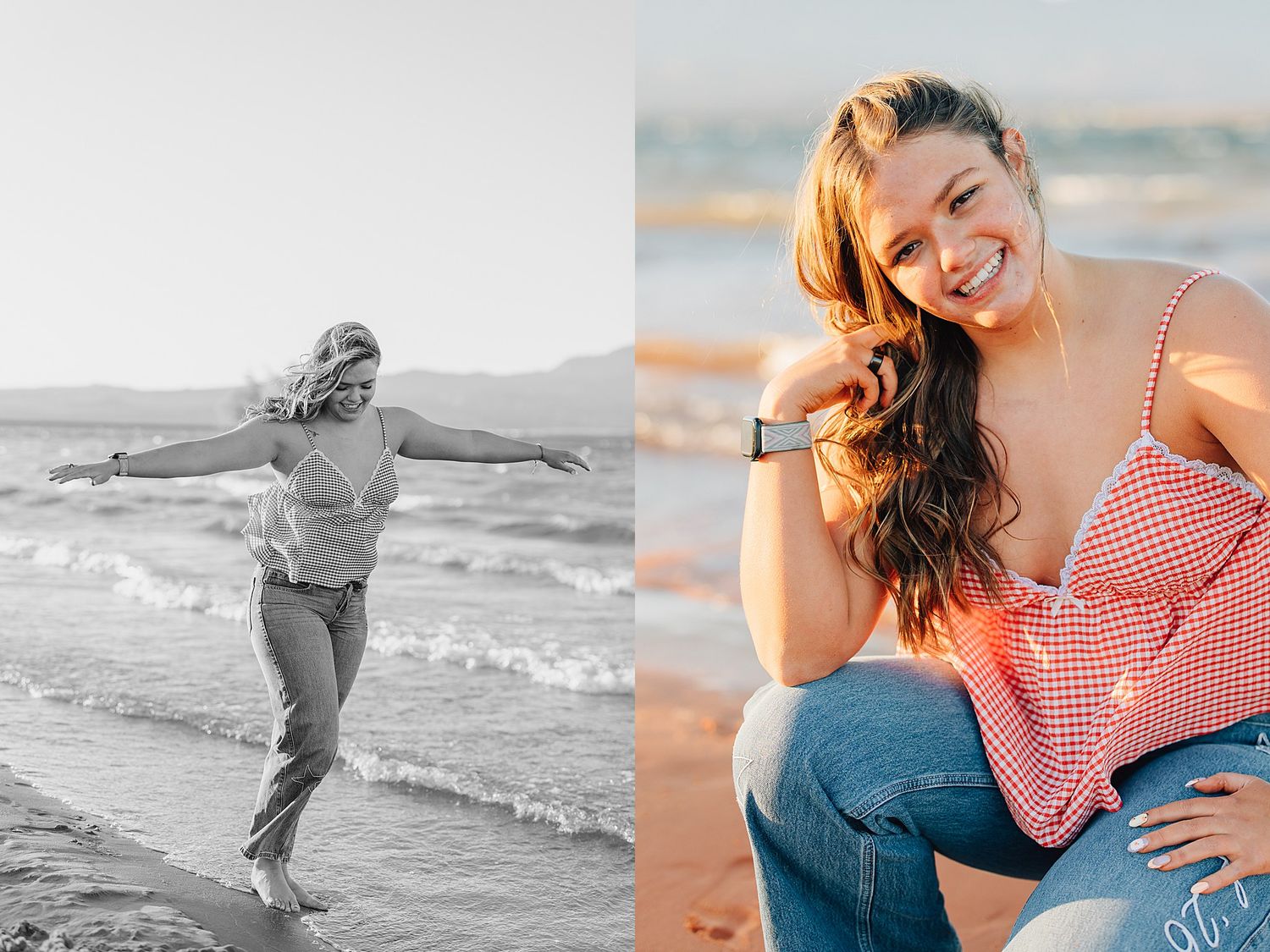 Young woman in checkered top and jeans poses joyfully on a sandy beach, captured in both black-and-white and color.