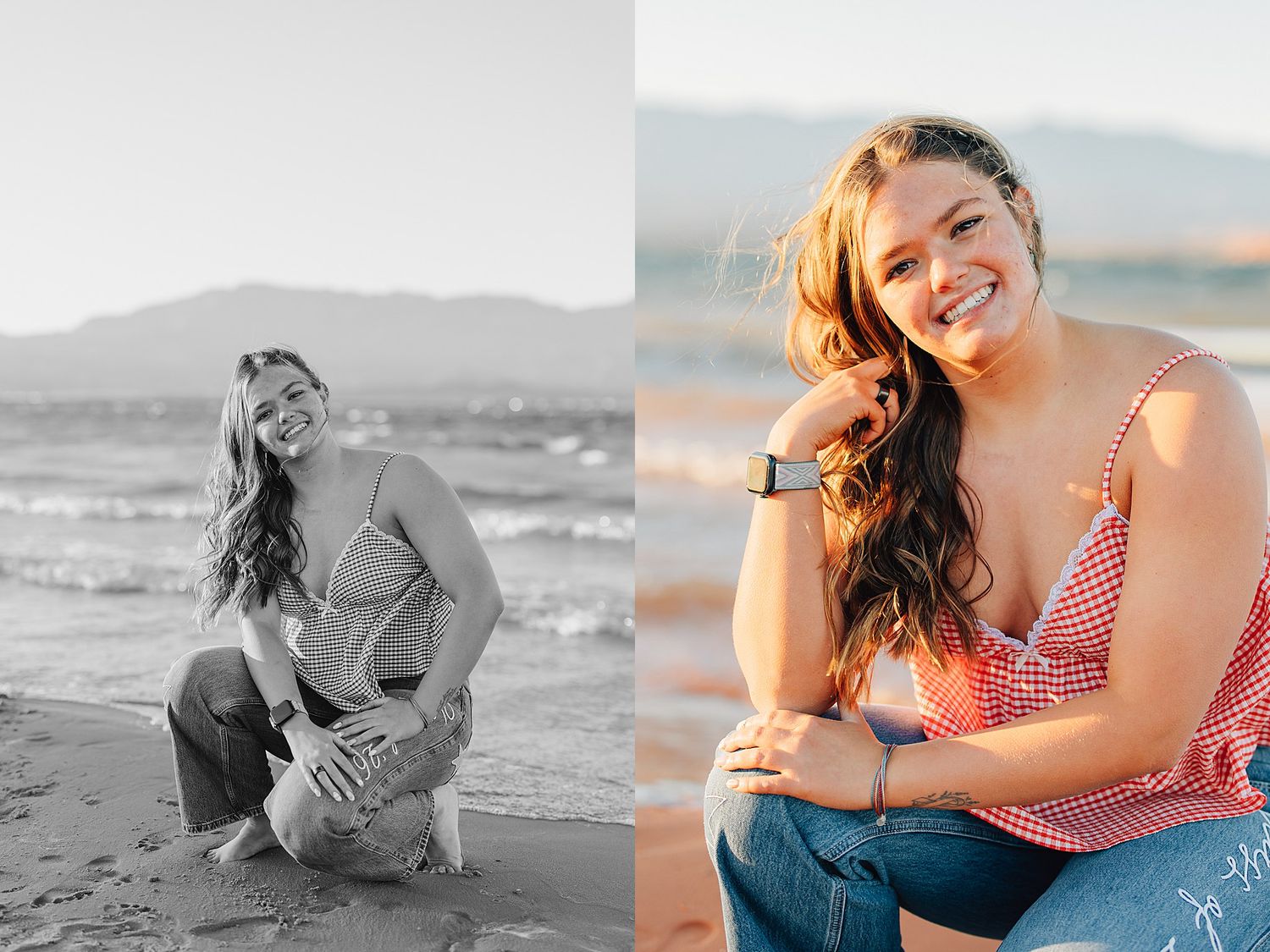 Young woman smiling on a beach, posed on sandy shore with ocean waves, shown in black-and-white and color photos.