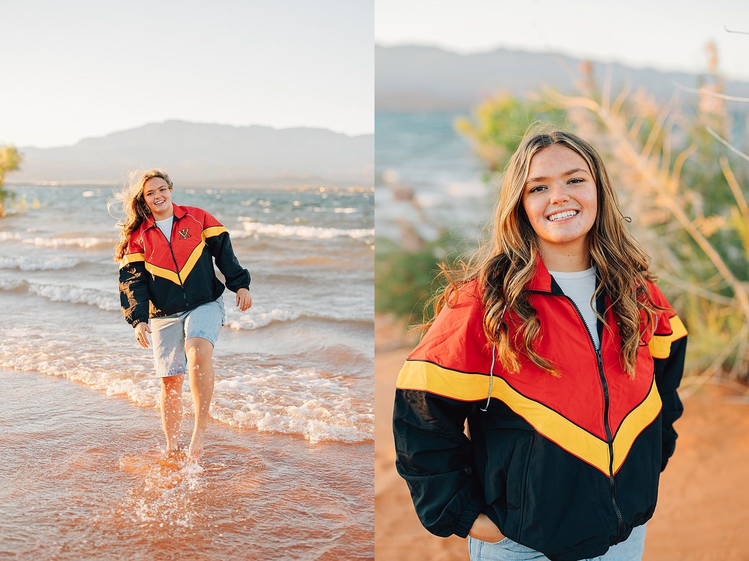 Teen girl in colorful retro jacket smiling at beach with mountains, senior portrait photography session.
