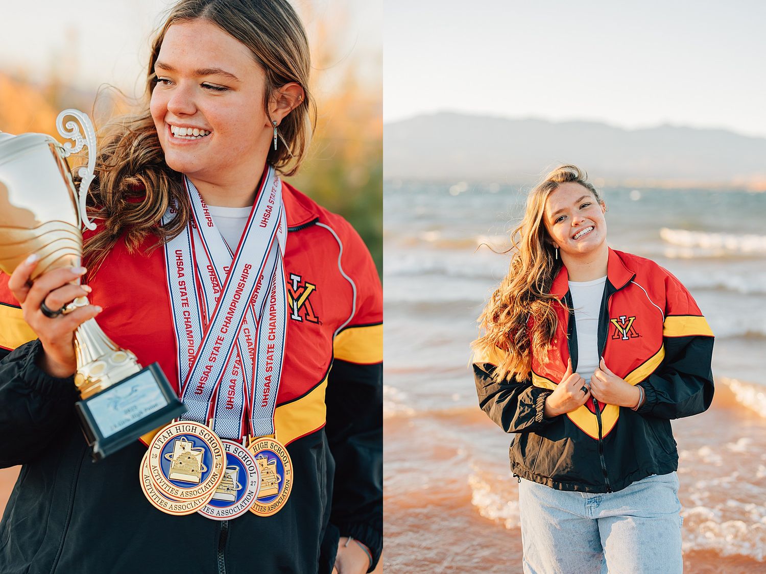 Smiling young woman holding trophy and medals wearing red and black varsity jacket near lake.