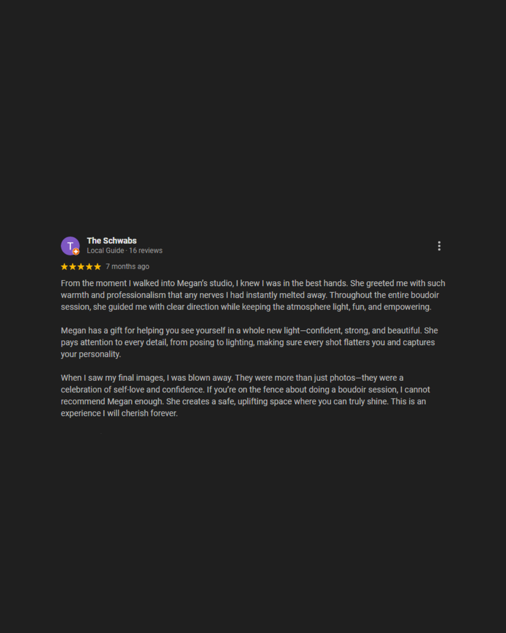 A series of dark screenshots showing text reviews and comments on a black background.