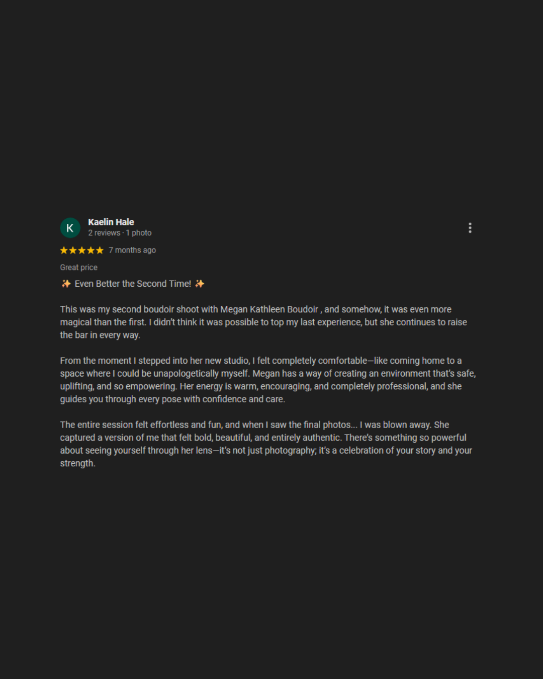 A dark screenshot of a positive customer review showing a 5-star rating and feedback text on a black background.