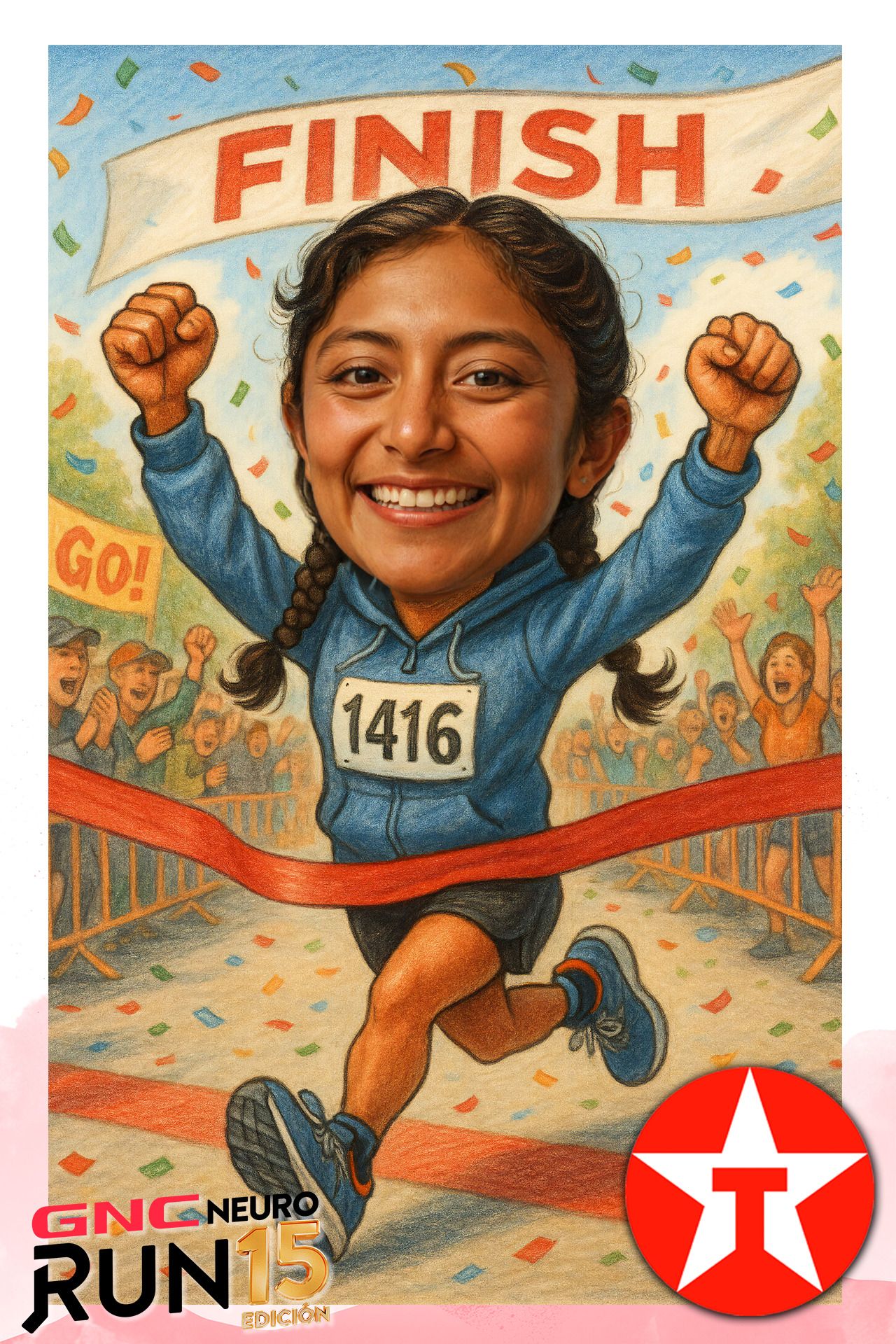 A dynamic illustration shows a runner crossing the finish line with arms raised in victory wearing race number 1416.
