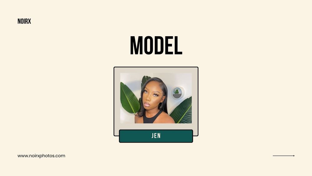 NoirX model introduction slide featuring model Jen with tropical leaf accents on cream background.