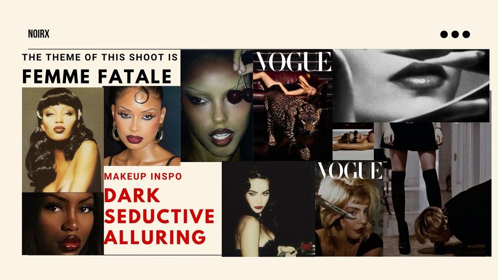 Femme fatale themed dark and seductive makeup inspiration moodboard featuring Vogue editorial references.