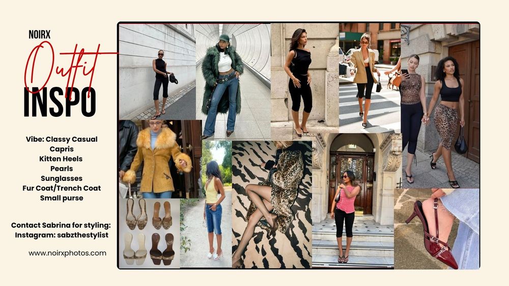 Golf editorial outfit inspiration collage showing classy casual styles with capris, kitten heels, and pearls.