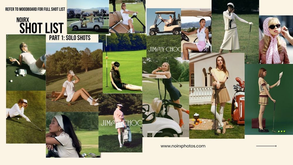 NoirX Golf Editorial solo shots moodboard featuring women posing with golf clubs in stylish athletic wear.
