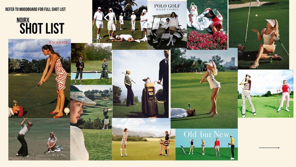 Golf editorial group shot list moodboard featuring Polo Golf and vintage inspired women golfer references.