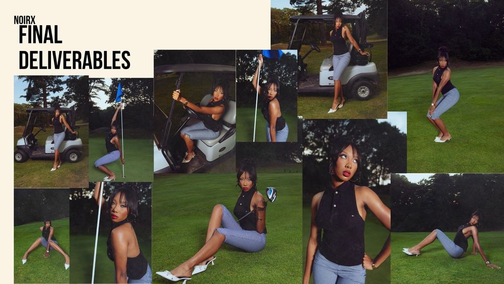 NoirX Golf Editorial final deliverables collage showing model posing with golf cart on green course.