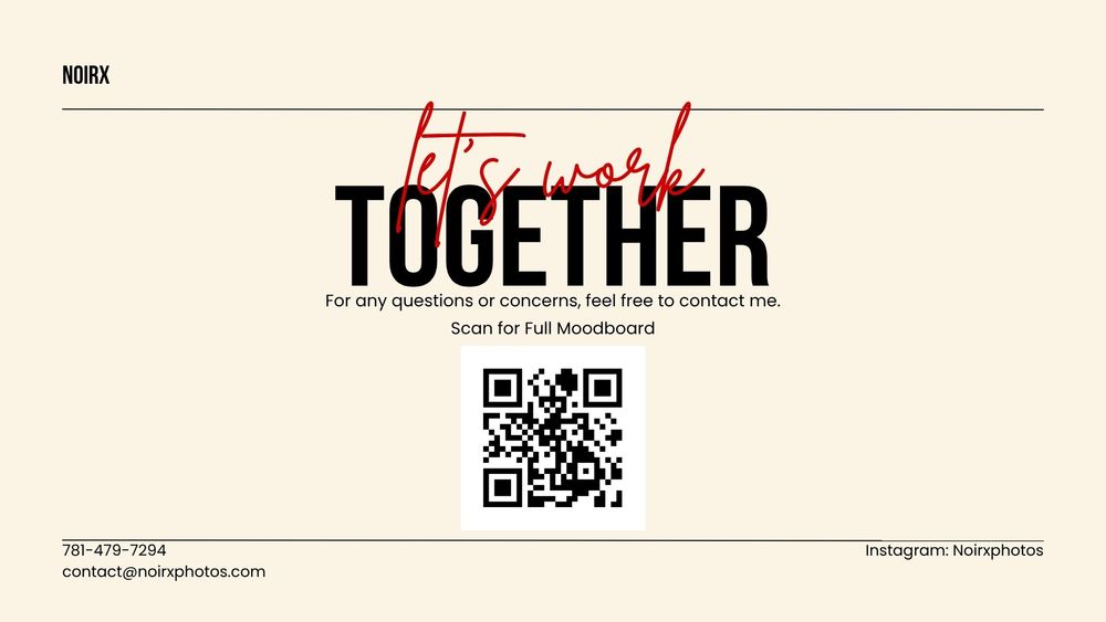 NoirX photography lets work together contact slide with QR code for full moodboard on cream background.