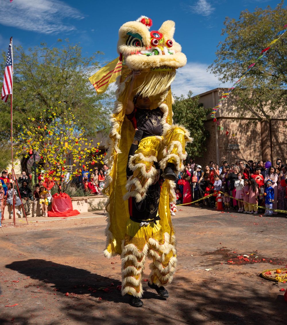 Traditional yellow lion dance performance for Lunar New Year at Our Lady of La Vang in Tucson, by N&D Media Production.
