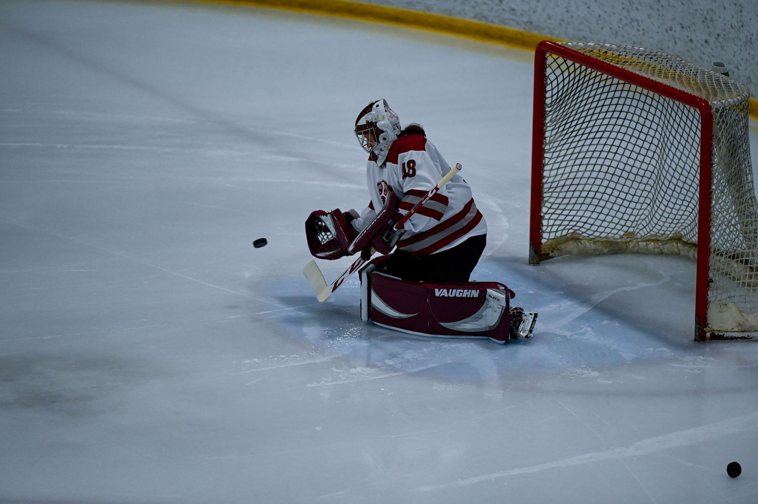 Izzy Buckett saving a goal in warmups, Aquinas vs Michigan State, Southside Ice Arena, Bryon Center MI, 11/2/24