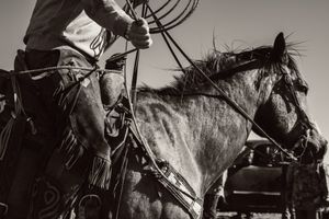 Black and white close-up of horse and rider with traditional western tack.